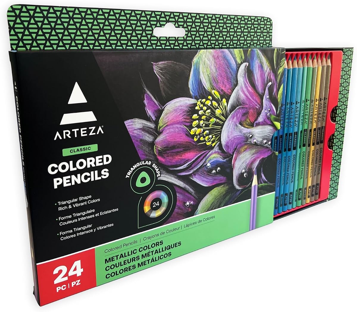 Metallic Colored Pencils, 24 Coloring Pencils Set, Triangular Grip, Pre-Sharpened, Art Supplies for Drawing and Coloring