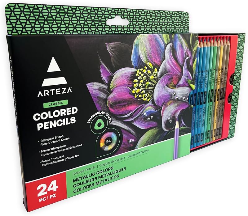 Metallic Colored Pencils, 24 Coloring Pencils Set, Triangular Grip, Pre-Sharpened, Art Supplies for Drawing and Coloring