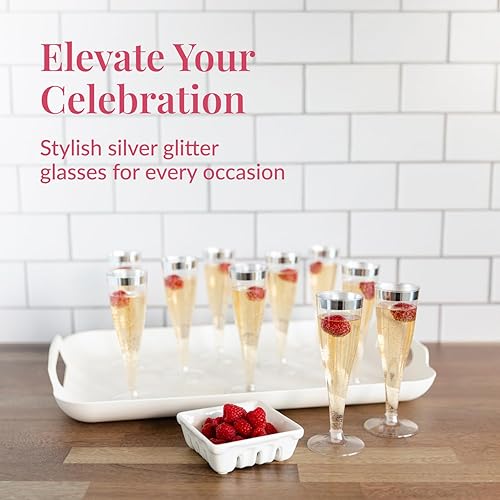 Miniatura 2 de Prestee 24 copas de champán de plástico desechables, copas de champán de plástico con purpurina plateada para fiestas, vasos de plástico, vasos de