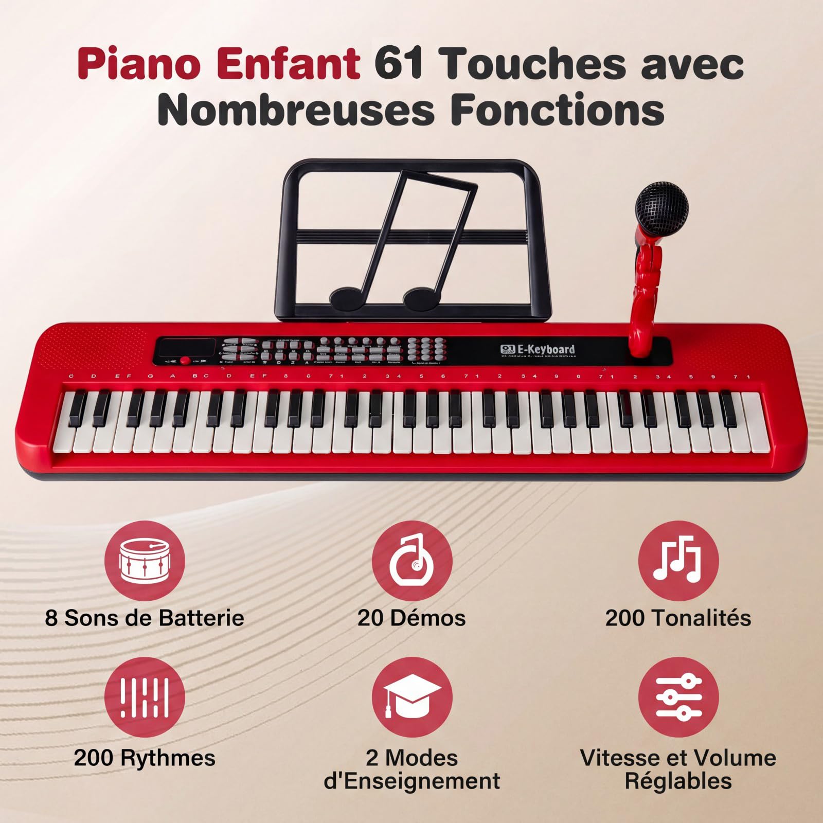 COSTWAY Clavier Piano Enfant 61 Touches avec Microphone et Pupitre, Piano Numérique avec Support Réglable et Amovible, 2 Haut-parleurs, Mode d'apprentissage, Instrument de Musique pour 3 Ans+ (Rouge)