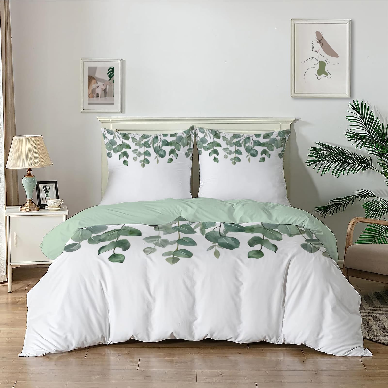 Dyausi White Emperor Duvet Cover Set Green Leaves Pattern Stylish Bedding Set 3Pcs With Zipper Closure For Man Woman Reversible Microfiber Quilt Cover 290X235cm And 2 Pillowcases 50X75cm