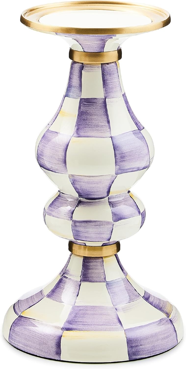 MACKENZIE-CHILDS Enamel Pillar Candlestick, Candle-Holder Decor, Medium, Purple-and-White Violet Check