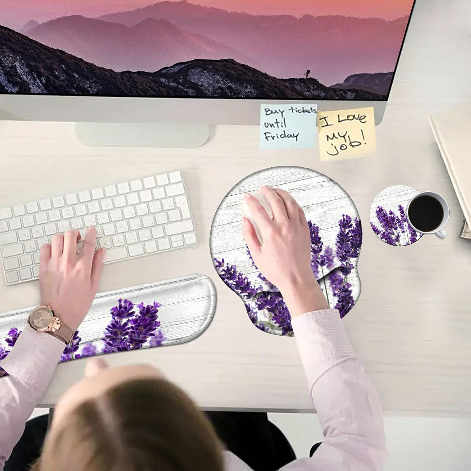 Keyboard Wrist Rest Pad and Mouse Pad Wrist Rest Support Set, Ergonomic Gaming Mousepad Durable Smooth Surface Non-Slip Base Purple Lavender Design for Computer Laptop Home Office + Cute Coasters