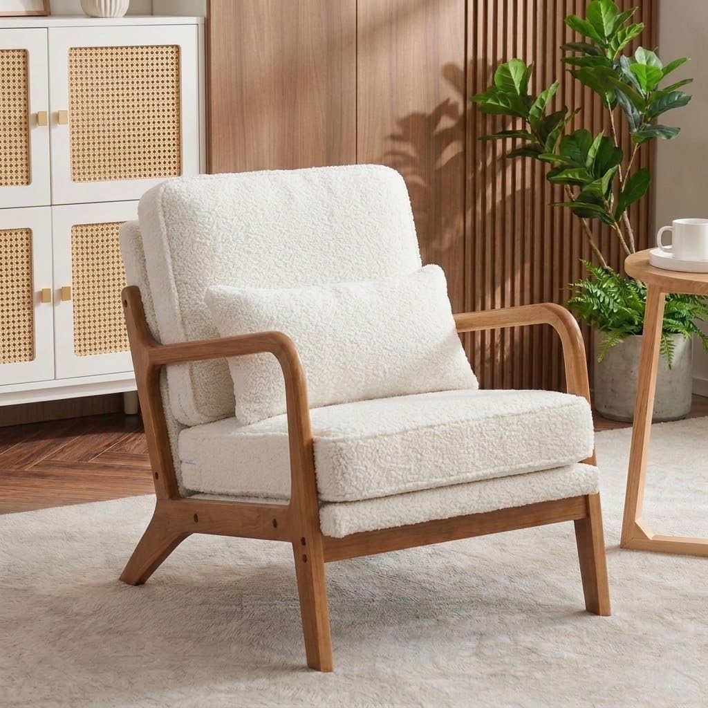 Mid-Century Modern Accent Chair, Lounge Reading Armchair with Comfy Cushion & Lumbar Pillow & Solid Wood Frame for Living Room,Bedroom,Guest Room,Sherpa Fabric,CreamWhite