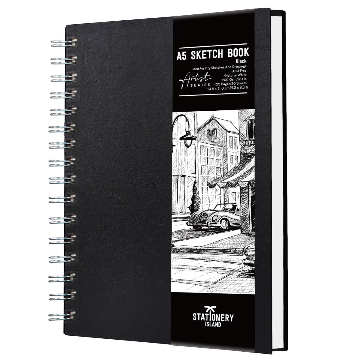 STATIONERY ISLAND Sketchbook A5, Cuaderno de Dibujo Tapa dura, 200 g/m² de papel de grueso, Cuaderno de bocetos con encuadernación en espiral, Libro de dibujo 50 hojas / 100 páginas