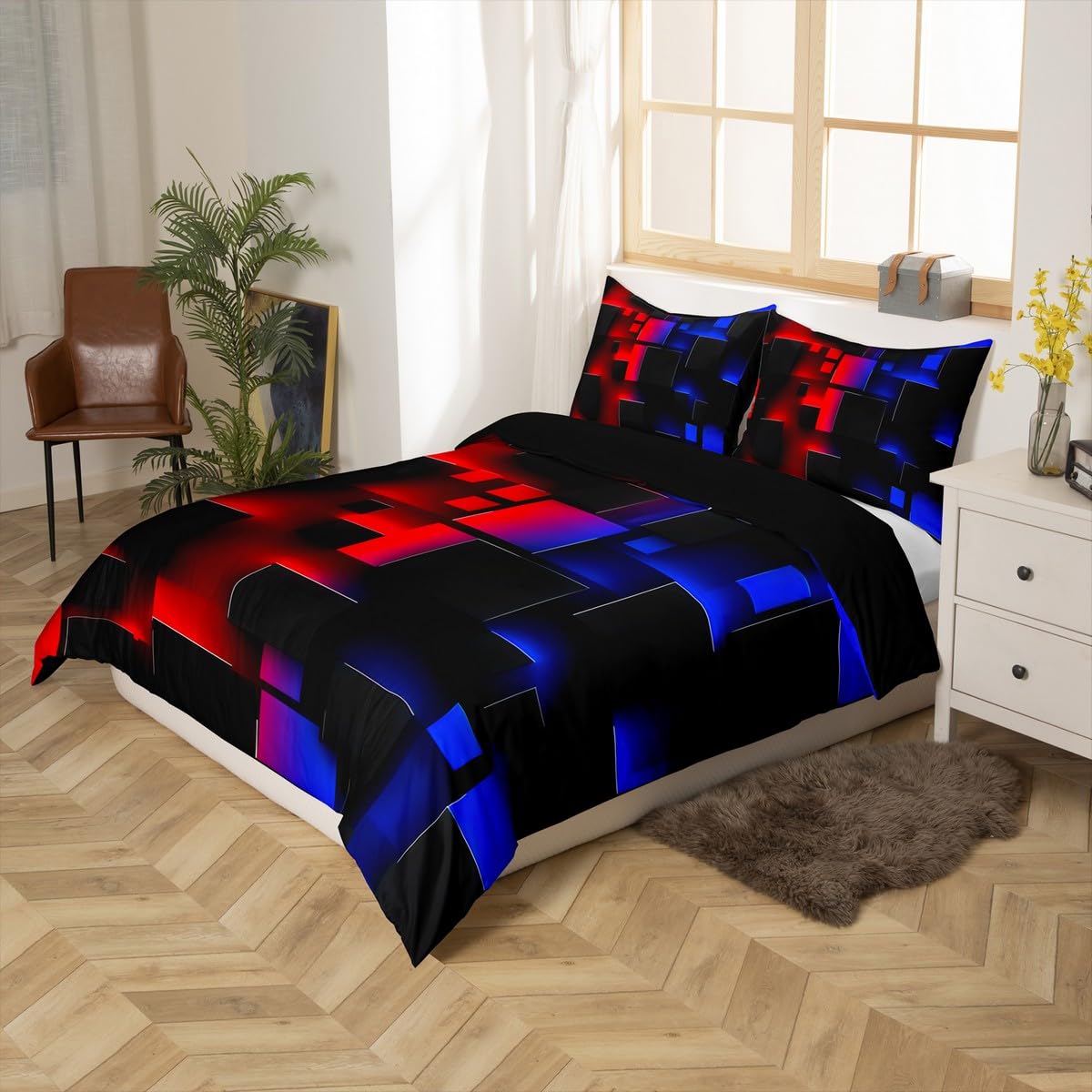 jejeloiu Kids Ombre Abstract Bedding Set Toddler Size Red Blue Duvet Cover for Boys Girls Teens Bedroom Decor Geometric Comforter Cover Breathable Soft Microfiber Modern Art with 1 Pillow Case