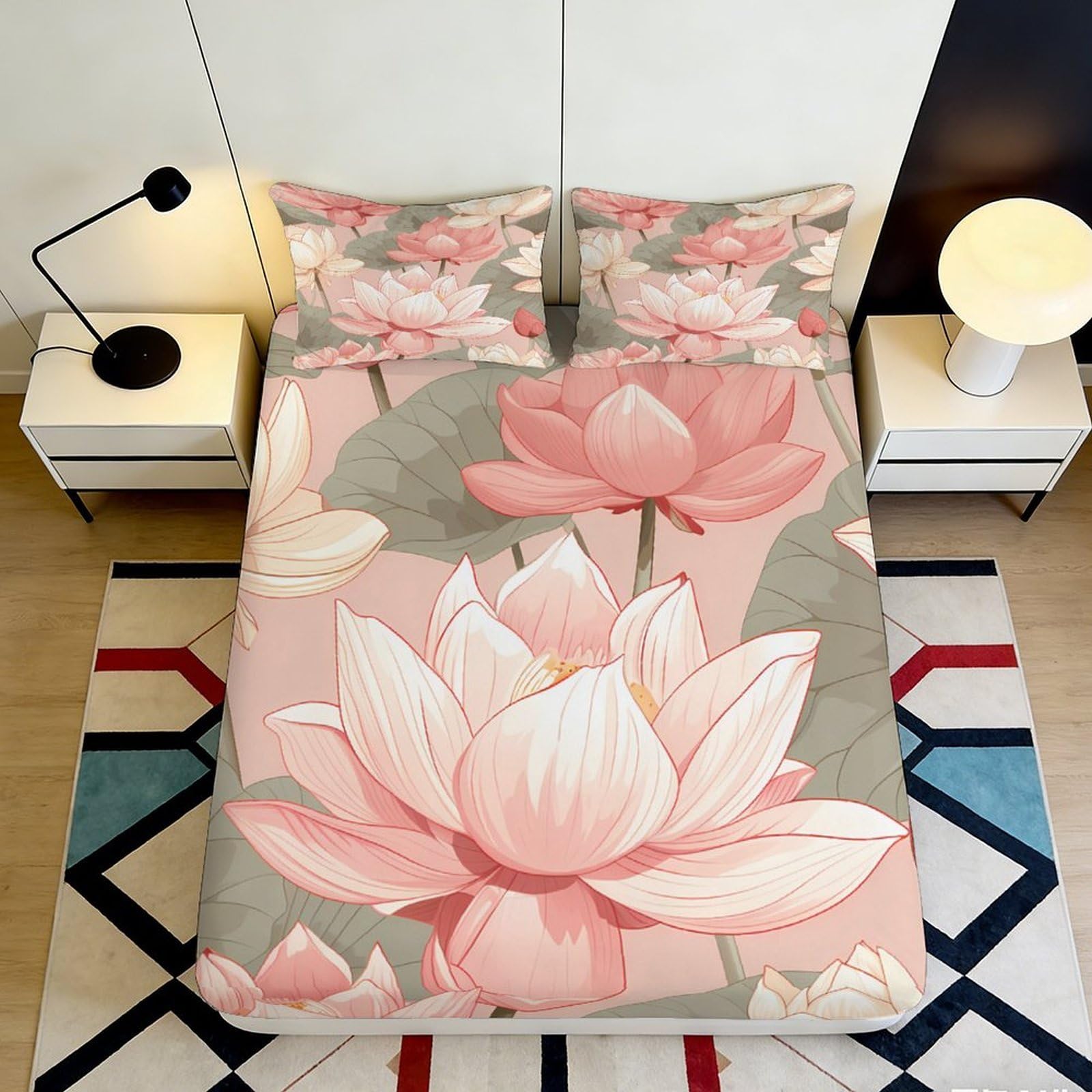 3D Printed Lotus Blossom Fitted Sheet Microfiber Soft Pink Floral Mattress Cover for Bedroom Dorm Room Decoration 200x200x25cm