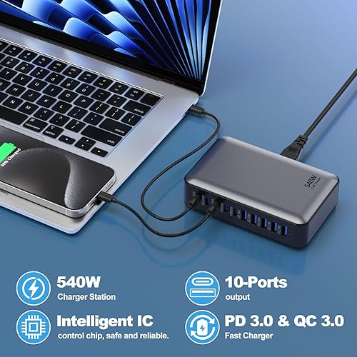 Miniatura 4 de Bloque de carga rápida USB C, estación de carga USB de 540 W, cargador PD de 100 W, bloque de carga GaN, concentrador de carga múltiple de 10