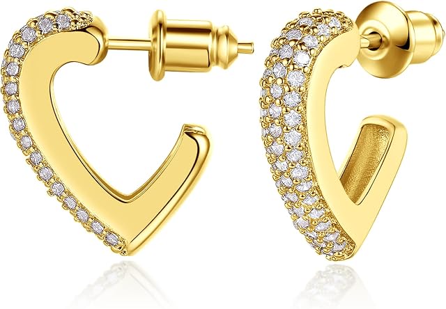 Small Heart Hoop Earrings for Women, 14K Gold Plated Cubic Zirconia Huggie Earrings Jewellery Gift