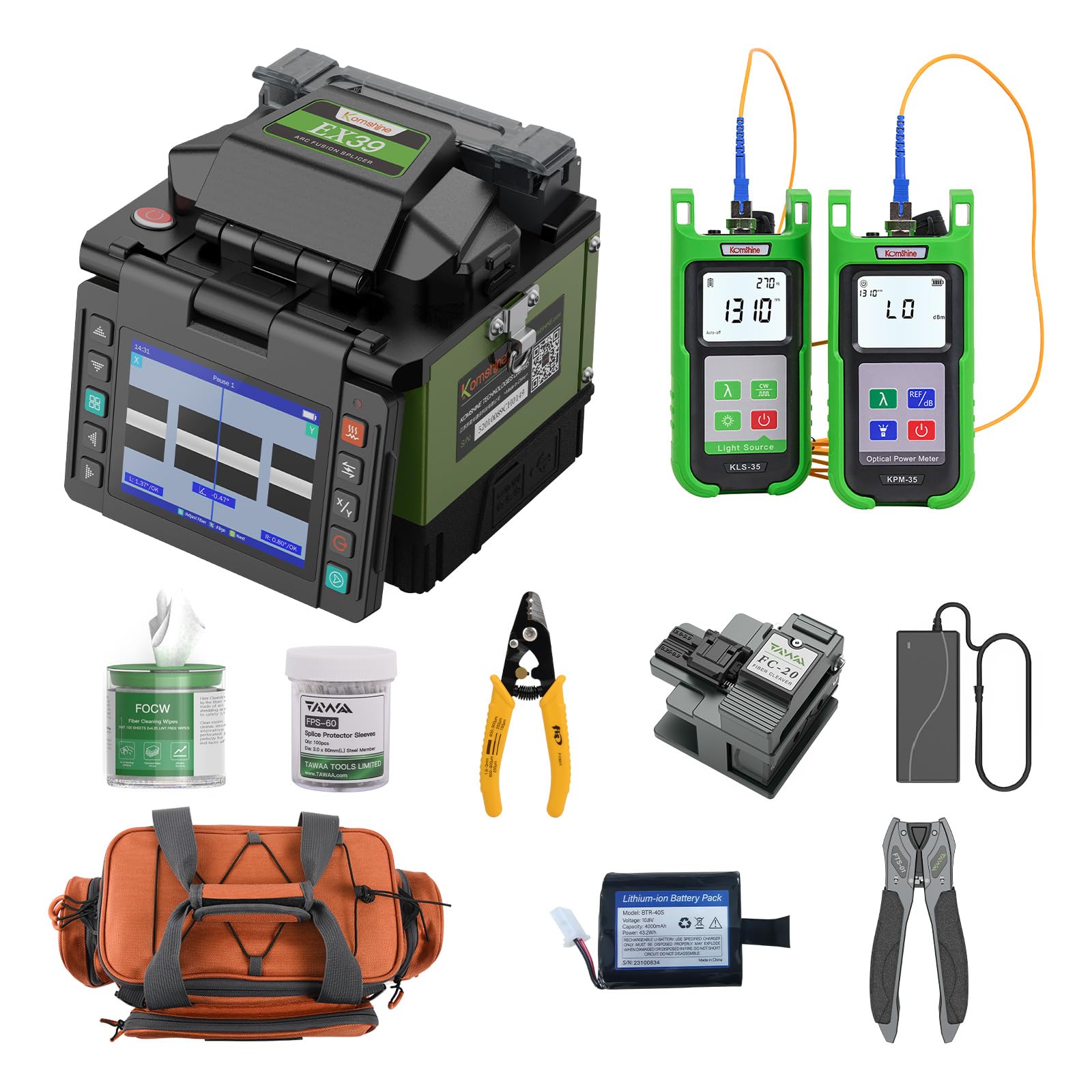 Komshine EX39 FTTH Mini Fiber Fusion Splicer Machine Kit 8s Fast Splicing Fast-Heating 18s with Fiber Cleaver FC-30 + -70+10dBm 7 Wavelengths KPM-35-G-A + 850/1300/1310/1550nm KLS-35-MS