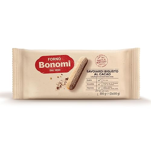 Forno Bonomi Savoiardi Bigusto al Cacao, i savoiardi ancora più golosi, ideali per dare un tocco di originalità alle tue ricette o come snack. Confezione da 200 grammi.