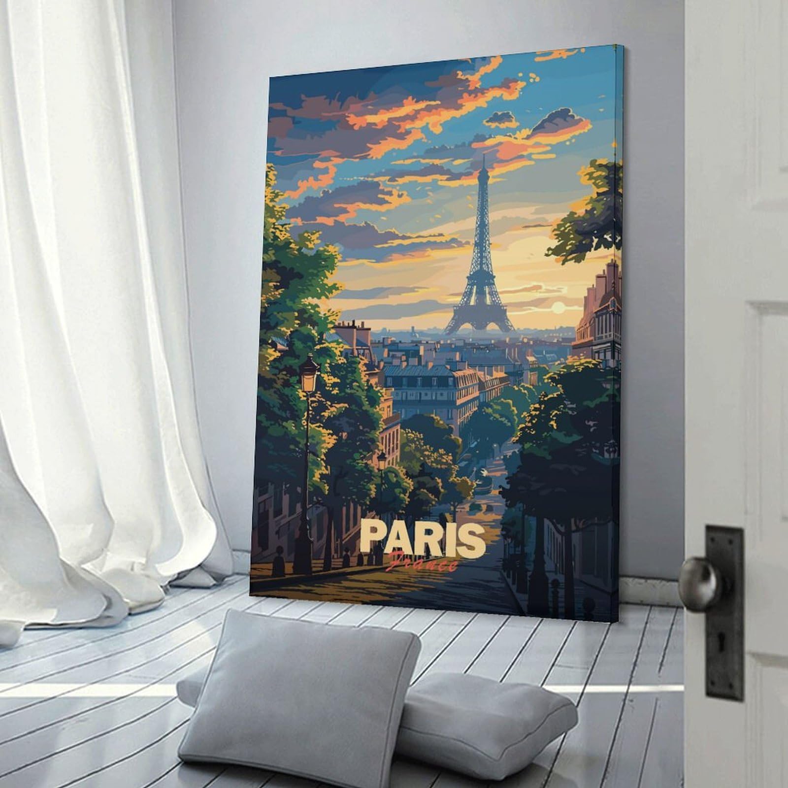 Junmoney Hanging Wall Art Paris Sunset, 24x36inch(60x90cm), for Wall Displays, Bedrooms Or Room Updates, Wall Decor Suited to Curated Displays