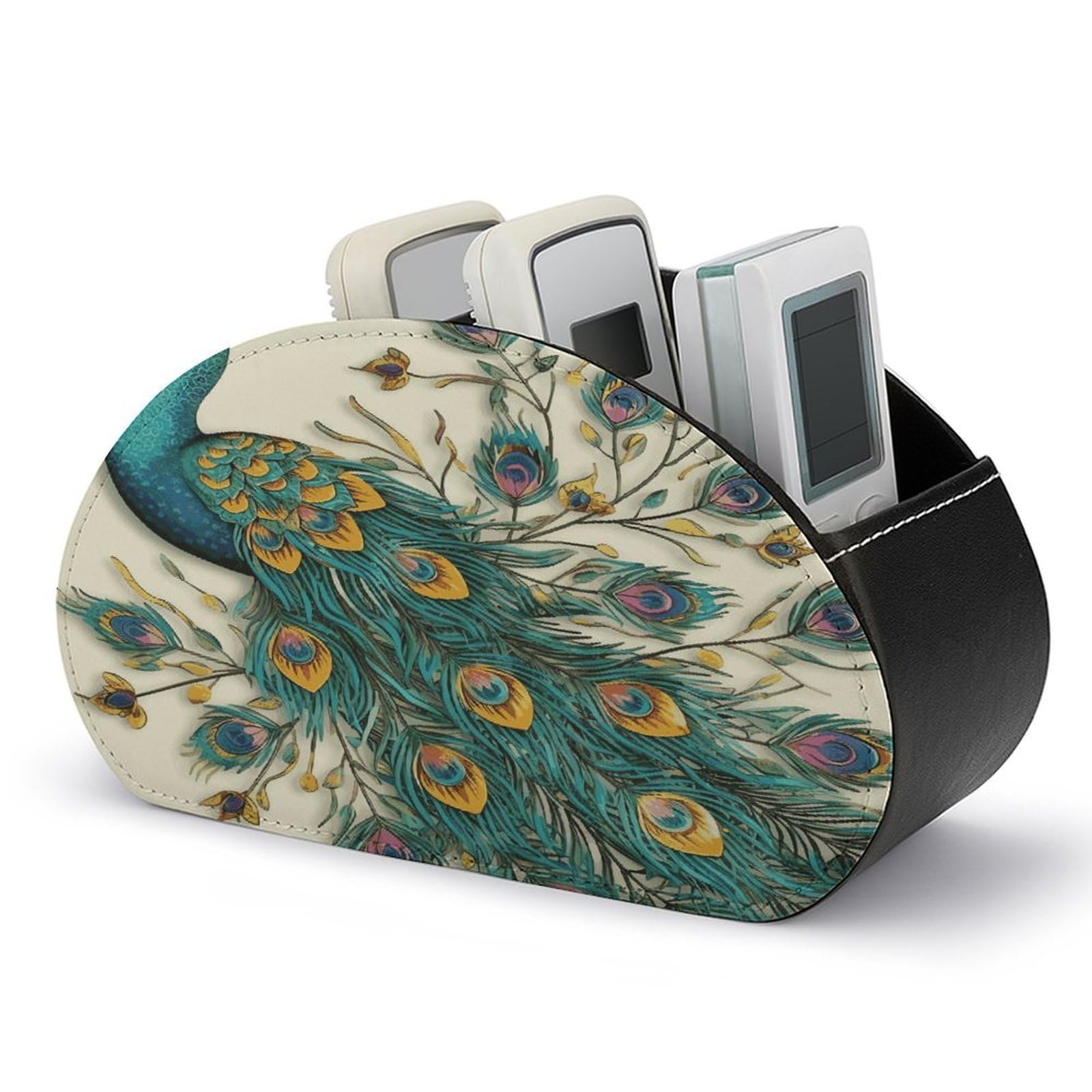 LDGSUPH Peacock Pattern Remote Control Holder with 5 Compartments PU Leather TV Remote Caddy Storage Box Multi-functional Desk Storage Organizer Box Anti-slip Desktop Caddy