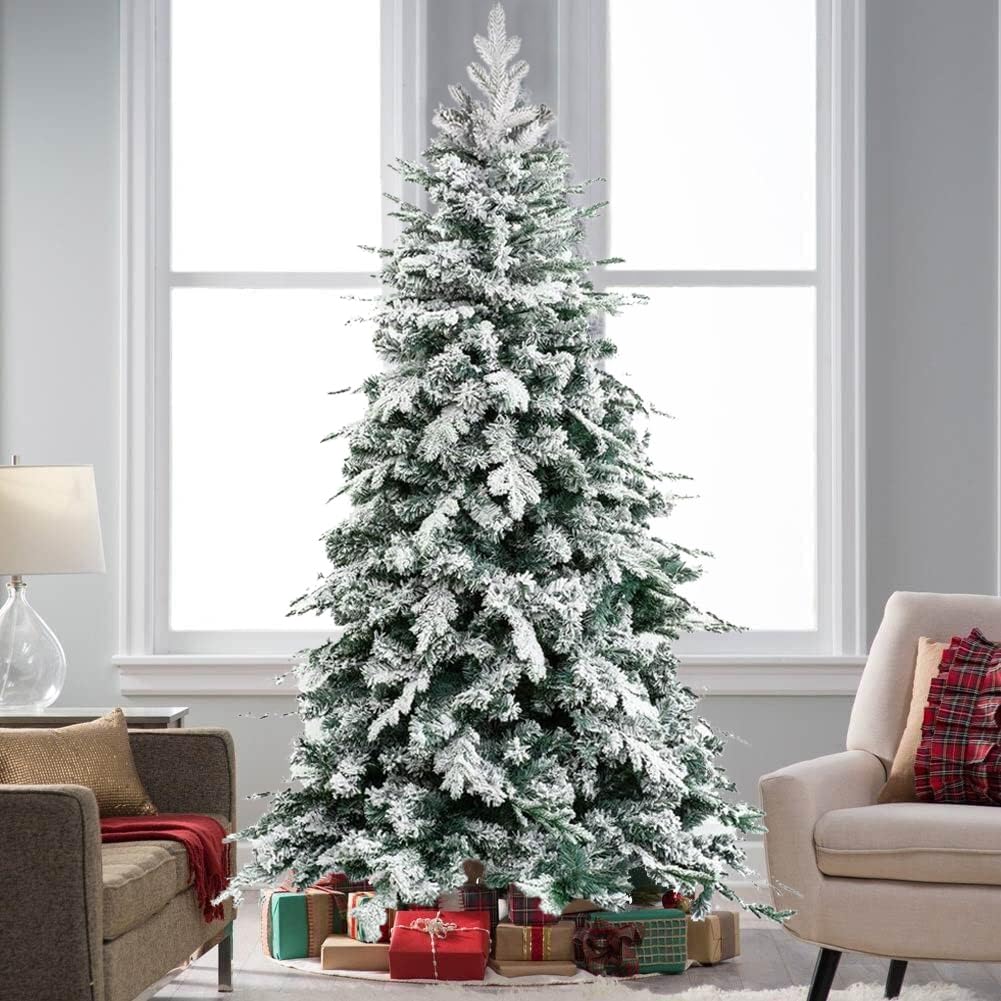 BAKAJI Árbol de Navidad ártico nevado Muy frondoso, Muy Completo, Ramas de Pino Flocado, decoración navideña Blanca, Montaje Sencillo, Apertura Paraguas, Muy frondoso, 210 cm