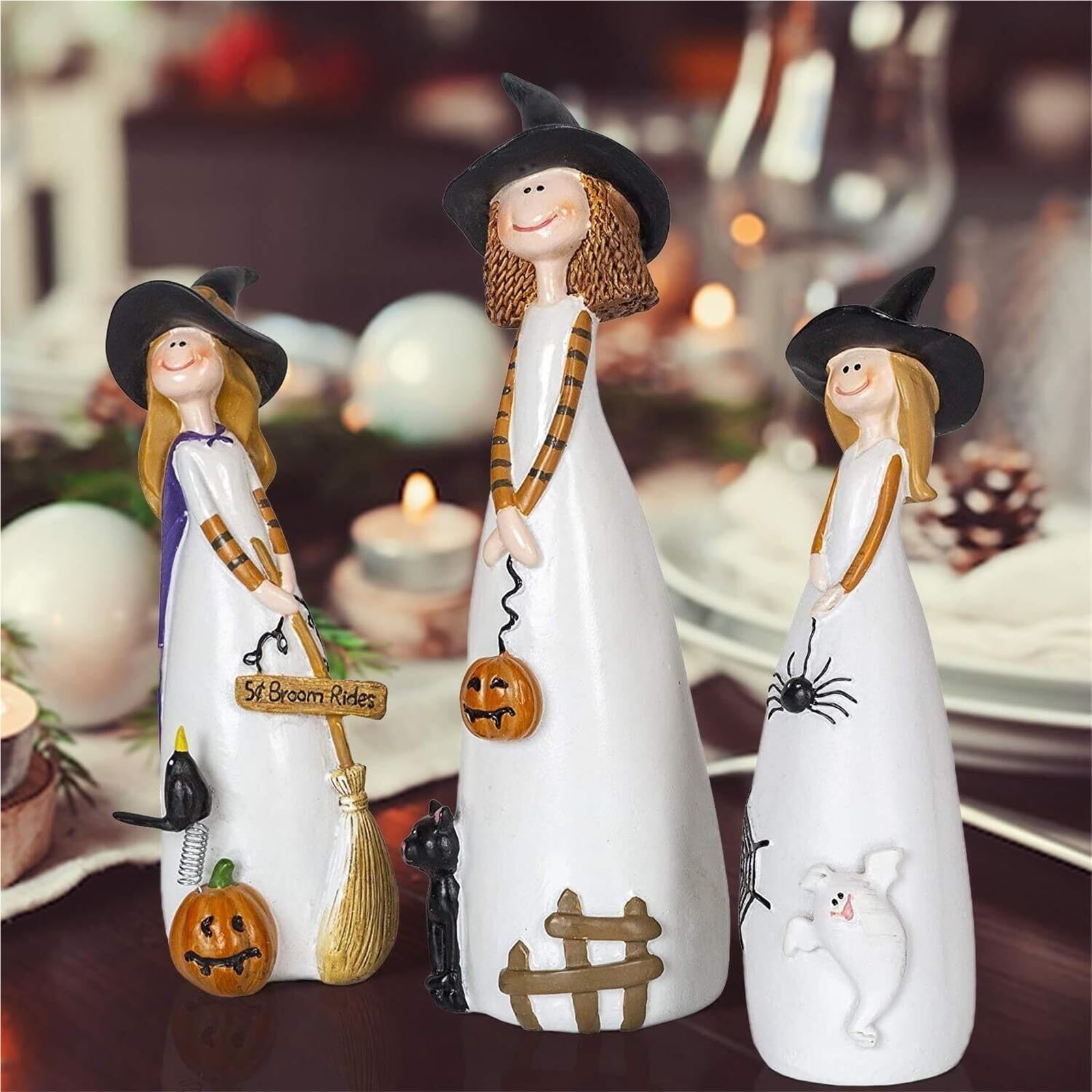Figurki kolekcjonerskie Halloween figurki czarownic, dekoracja stołu, zestaw 3 przerażające dekoracje świąteczne do pokoju studenckiego
