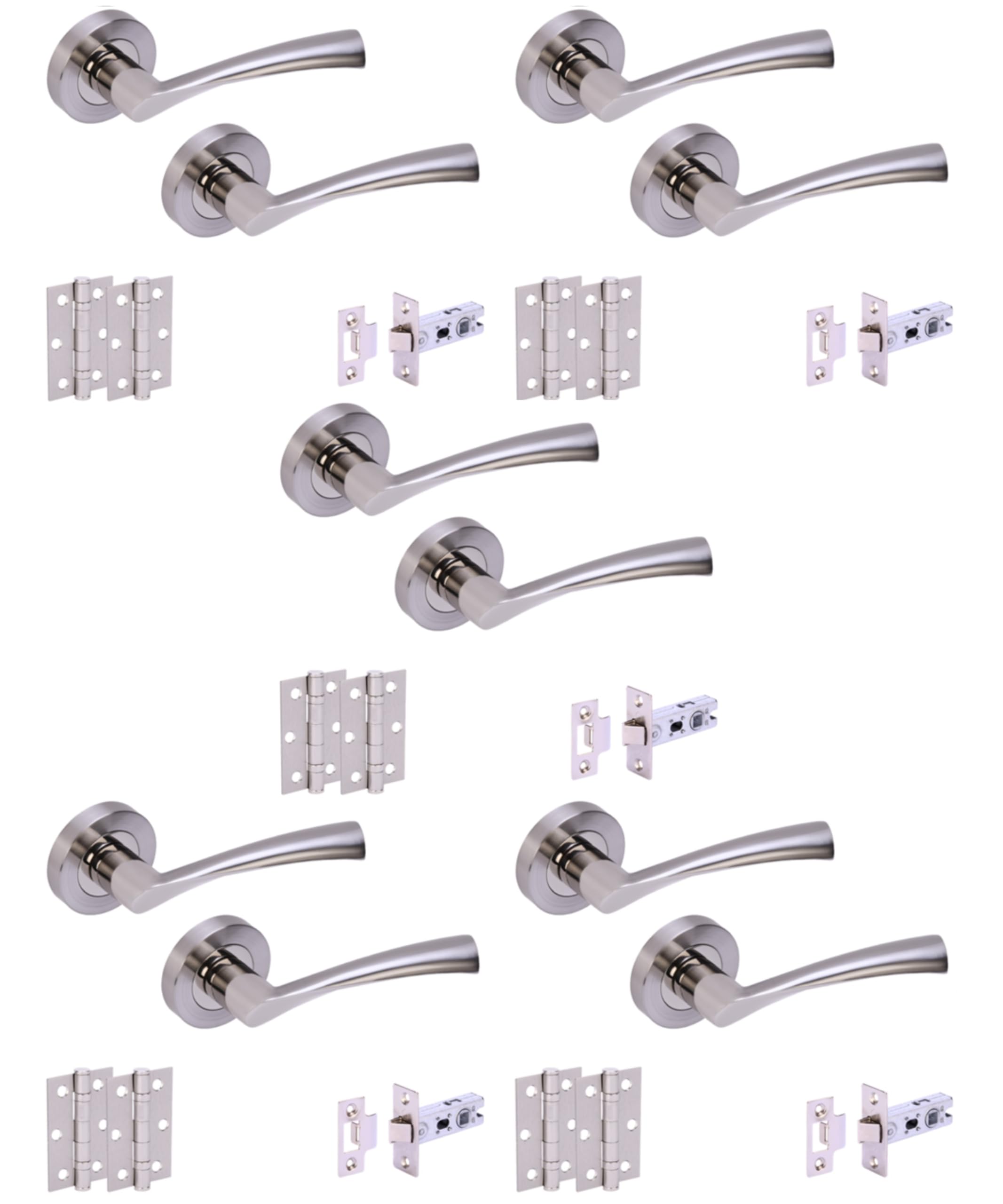 Hunta Polished Nickel / Satin Nickel Handlezone® 5 Sets Lobo Internal Door Handles On Rose Lever Latch Packs With 75Mm Ball Bearing Hinges And 76Mm Latches - Dual Polished/Satin Nickel