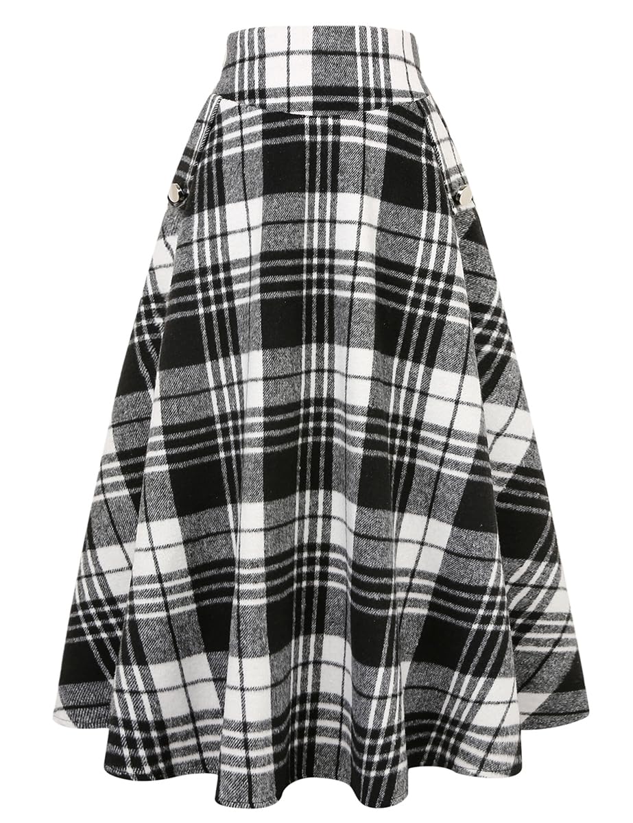 IDEALSANXUN Women’s Fall Winter High Waisted Wool Plaid A-line Long Skirt