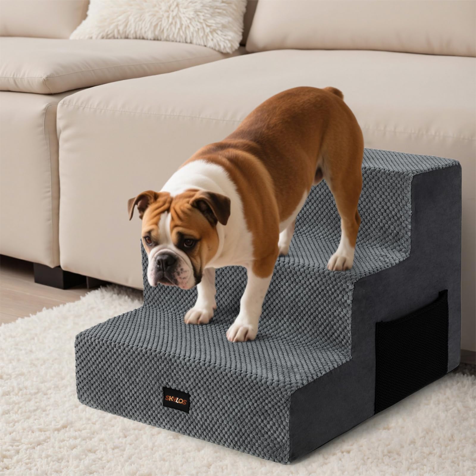 Skylos Dog Stairs for Bed and Sofa, Non-Slip 3 Steps Pet Ramp for Small Dogs and Cats, High-Density Foam, 45x40x34cm