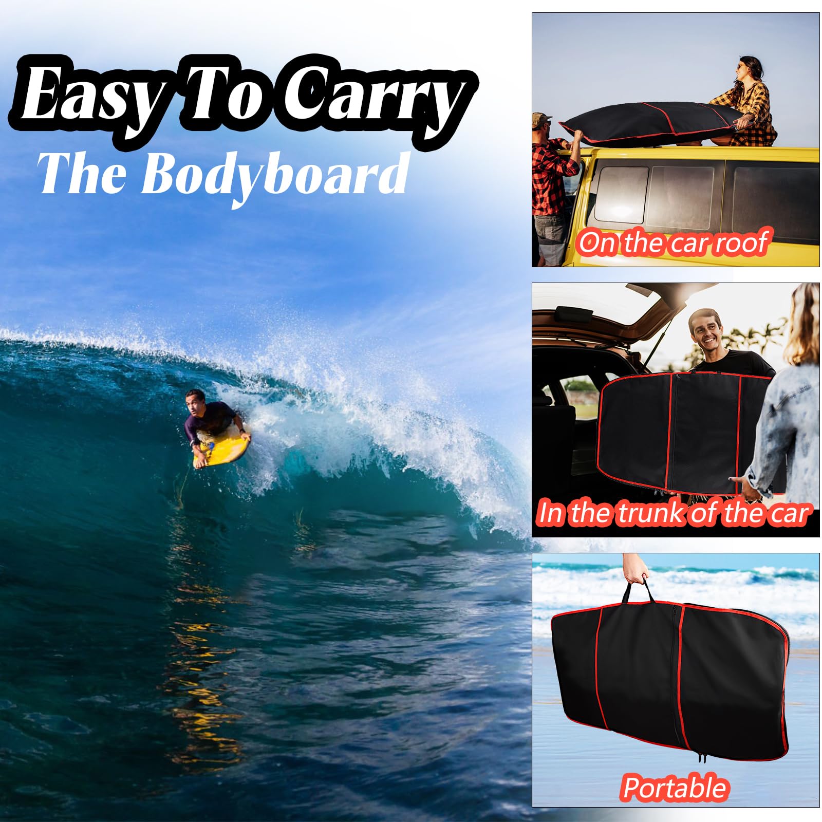 Sac De Transport Dawitrly Pour Bodyboard/Surf – 123x67 Cm, Double Fermeture Éclair, Poche Zippée, Rouge