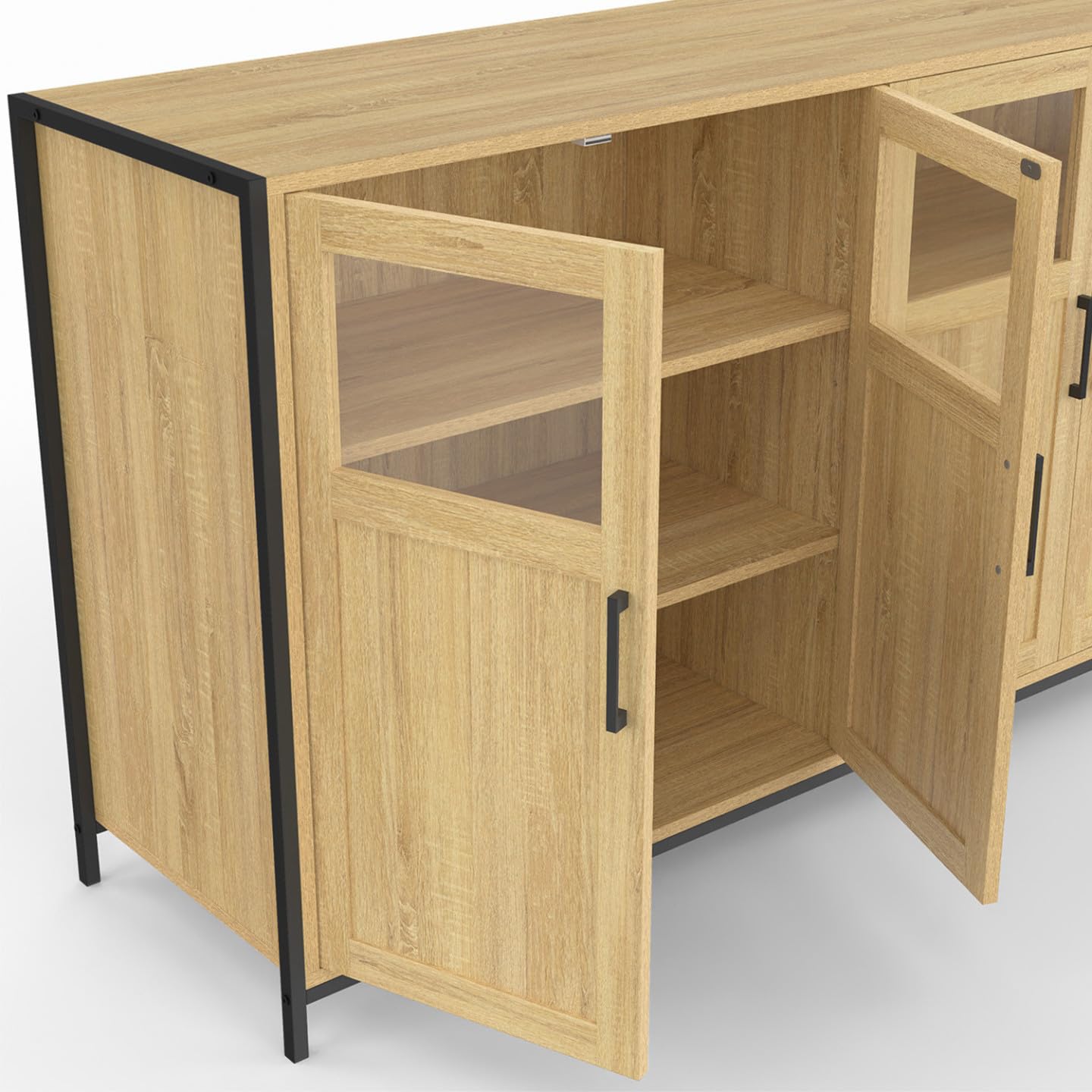 IDMarket - Aparador de 140 cm Detroit 4 puertas con vitrinas de diseño industrial