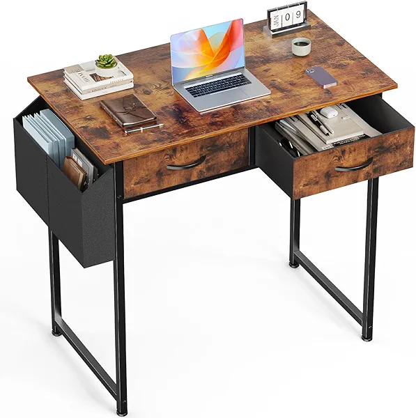 OLIXIS 32 Inch Small Desk with Drawers, Home Office Computer Desk with Storage Bag and Headphone Hook, Study Writing Table with Adjustable Feet for Bedroom, Rust
