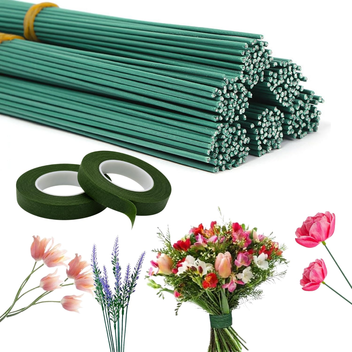 Tdas 100 Pcs Green Floral Stem Wire 12 inch long 3 mm Thick with 2 Roll Floral Tape wires stems for Crochet flower DIY craft crafting Artificial Flowers Bouquet Making Arrangement Art and Florist-image-16