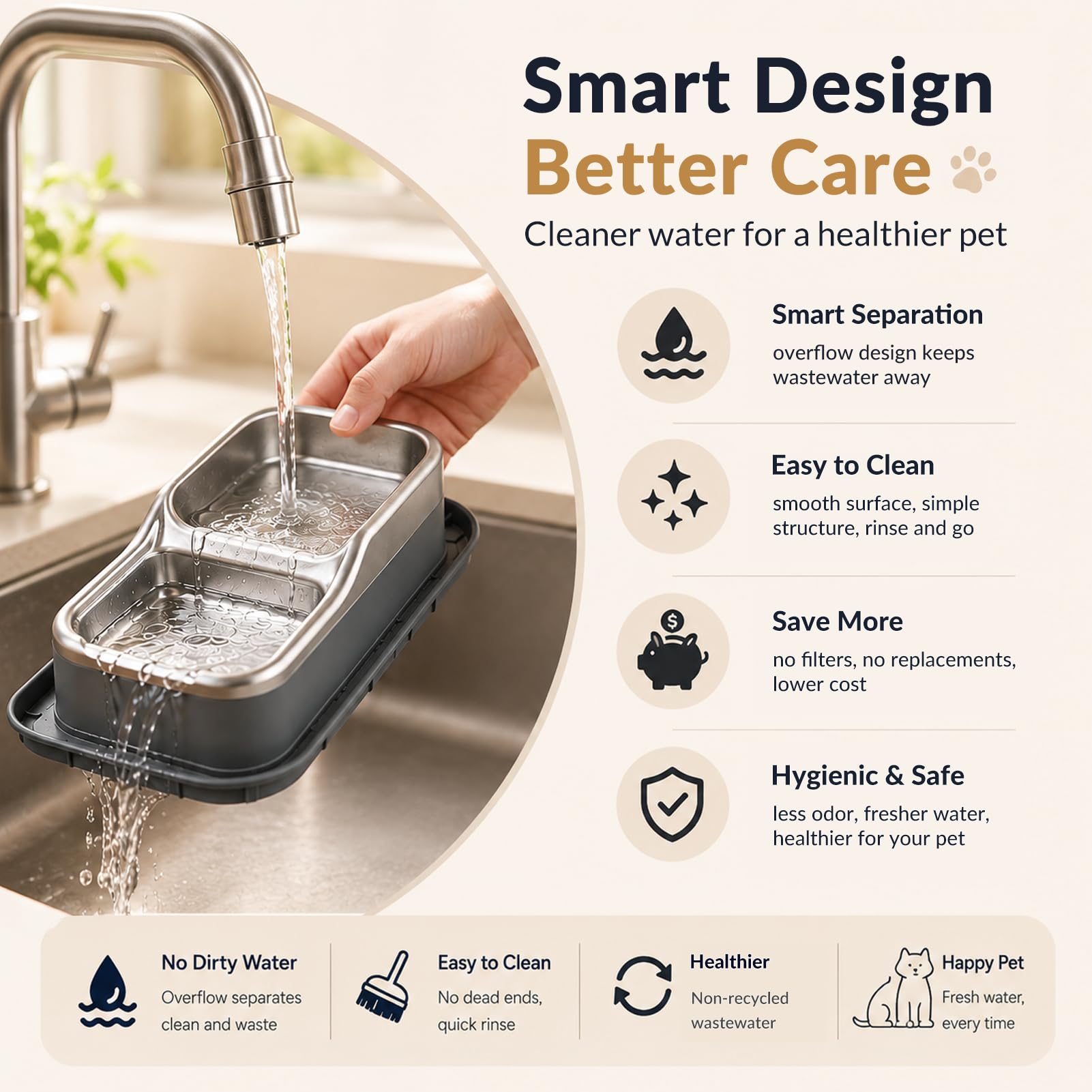 Marchul Fontana per gatti wireless da 5 litri senza filtri, con separazione dell'acqua di scarico, sensore di movimento e programmabile, vaschetta in acciaio inossidabile, alimentata a batterie