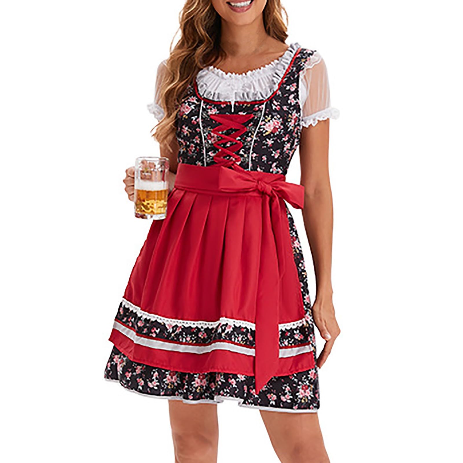 Vestido tirolés para mujer, elegante, vestido midi de encaje, vestido tradicional bávaro, estilo étnico, falda tirolesa, vestido largo para Oktoberfest
