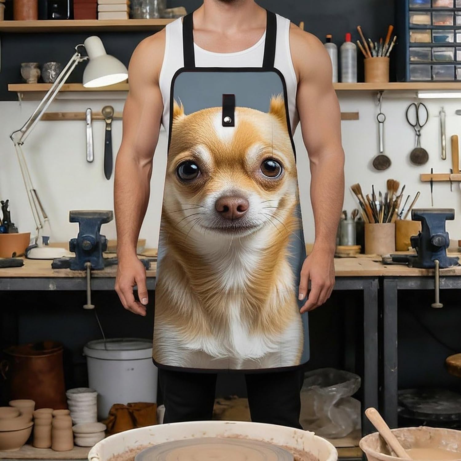 Cute Chihuahua Tool Apron with Quick-Release Buckle,Tool Bag X-Cross Back, Adjustable Waist,Woodworking Apron for Workshop,Carpentry,Mechanics image 4