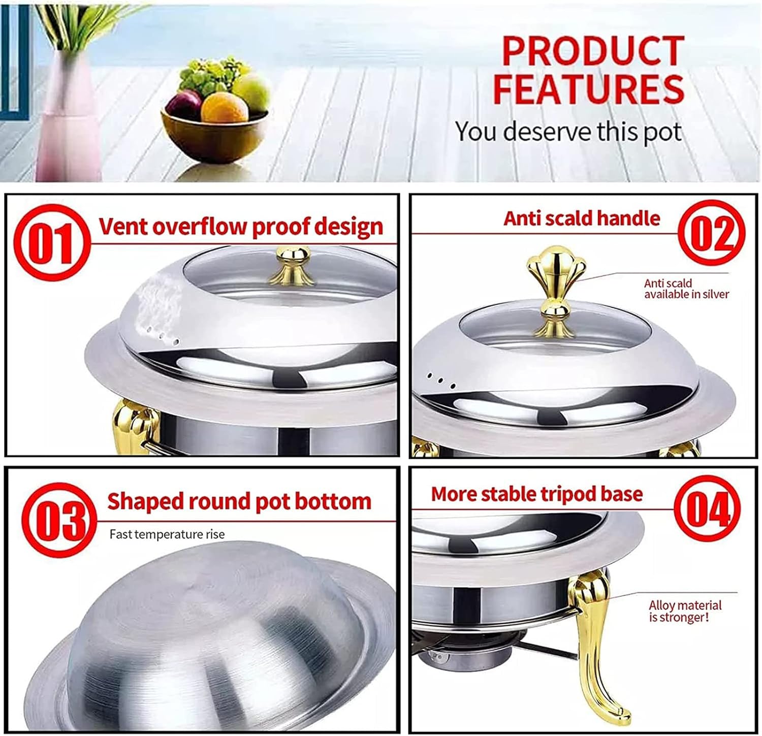 Stainless Steel Chafing Dish Buffet Set with Glass Viewing Lid, Chafers 28Cm Buffet Servers and Warmers for Wedding, Parties, Banquet, Catering Events,Silver (Silver)