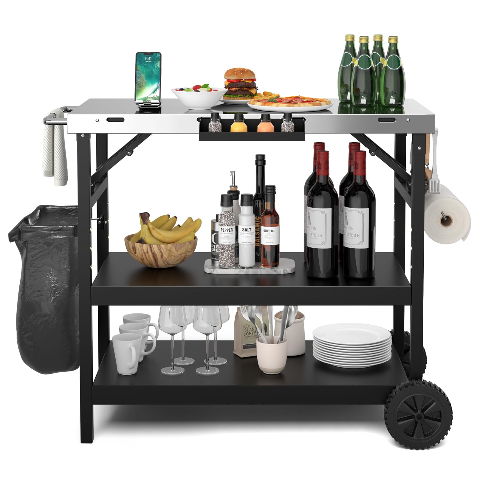 GYMAX Chariot Barbecue Pliable 3 Niveaux, Desserte Jardin Mobile avec 2 Roues, Robuste en 201 Acier Inoxydable, avec Tablette à Épices, Porte-Poubelle, Porte-Mouchoirs,106x52x84cm