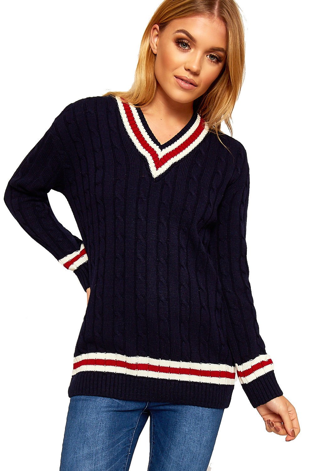 Minni Rossa Women's Navy-Cream/Red V Neck Cable Knitted Cricket Jumper Stretch Long Sleeve Stripe Top Sweatshirt (M-L, )