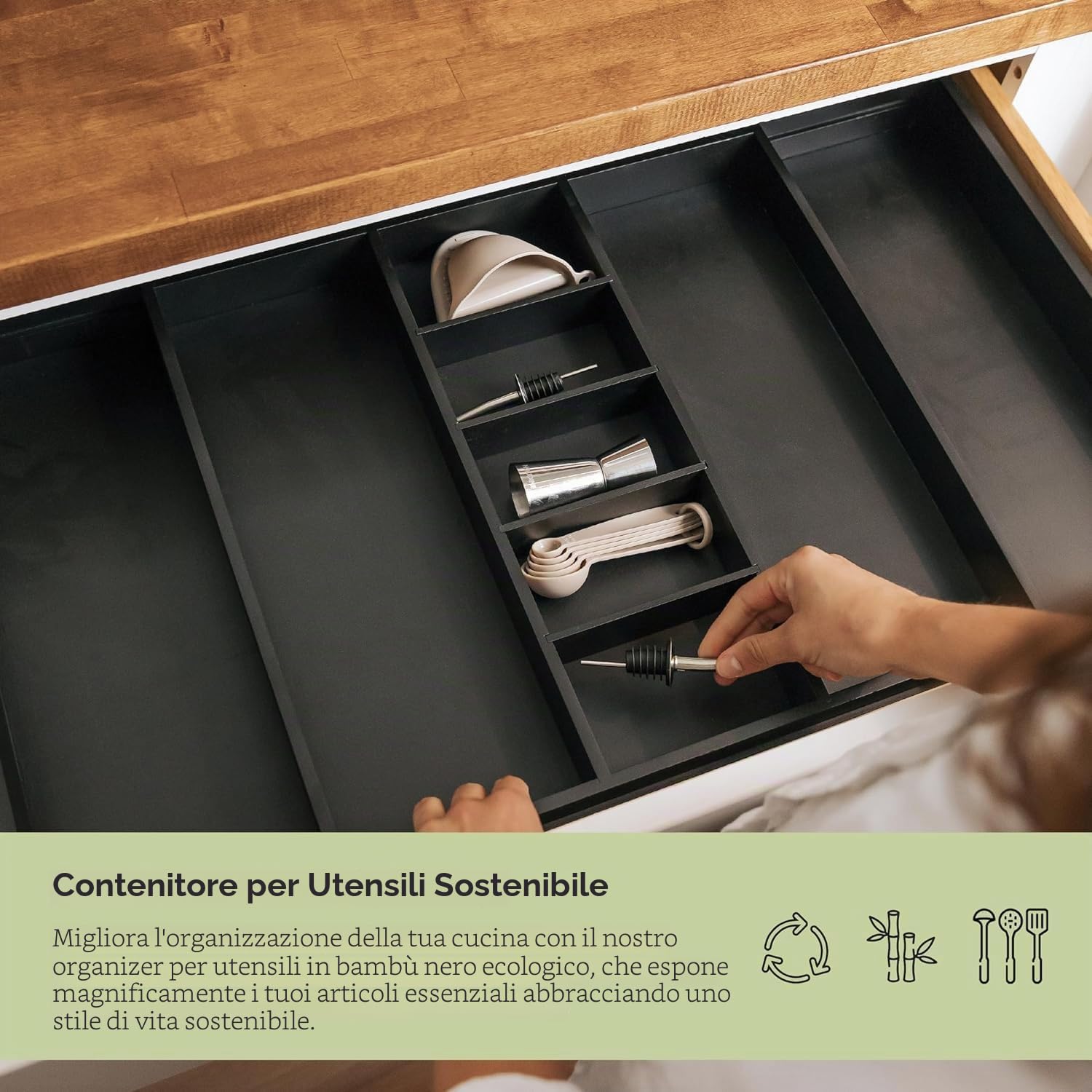 KitchenEdge Organizer regolabile per cassetti da cucina per utensili e gadget, 100% bambù (Da 46 cm a 84 cm di larghezza, Nero)