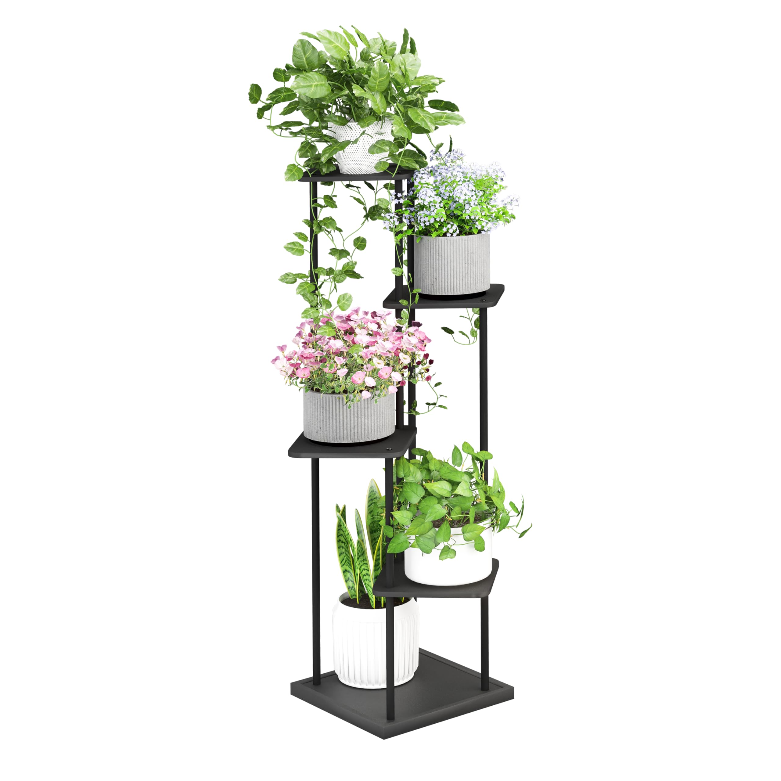 Ribelli 5 Etagen Pflanzenständer, Blumenständer 106 cm, Blumentreppe Blumenregal Pflanzentreppe aus Holz und Metall, Deko für Balkon Garten Wohnzimmer Büro, Schwarz