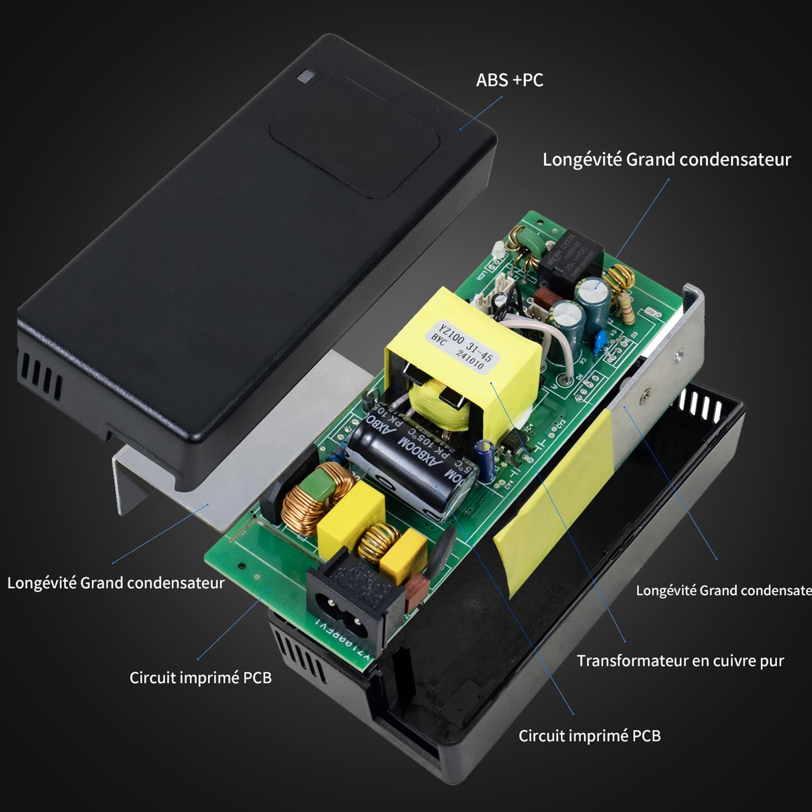 Chargeur 42V 2A pour Batterie Lithium 36V de vélo électrique | Affichage tension temps réel, ventilateur, protections multiples, connecteurs DC 5,5*2,5/2,1mm et RCA 8mm