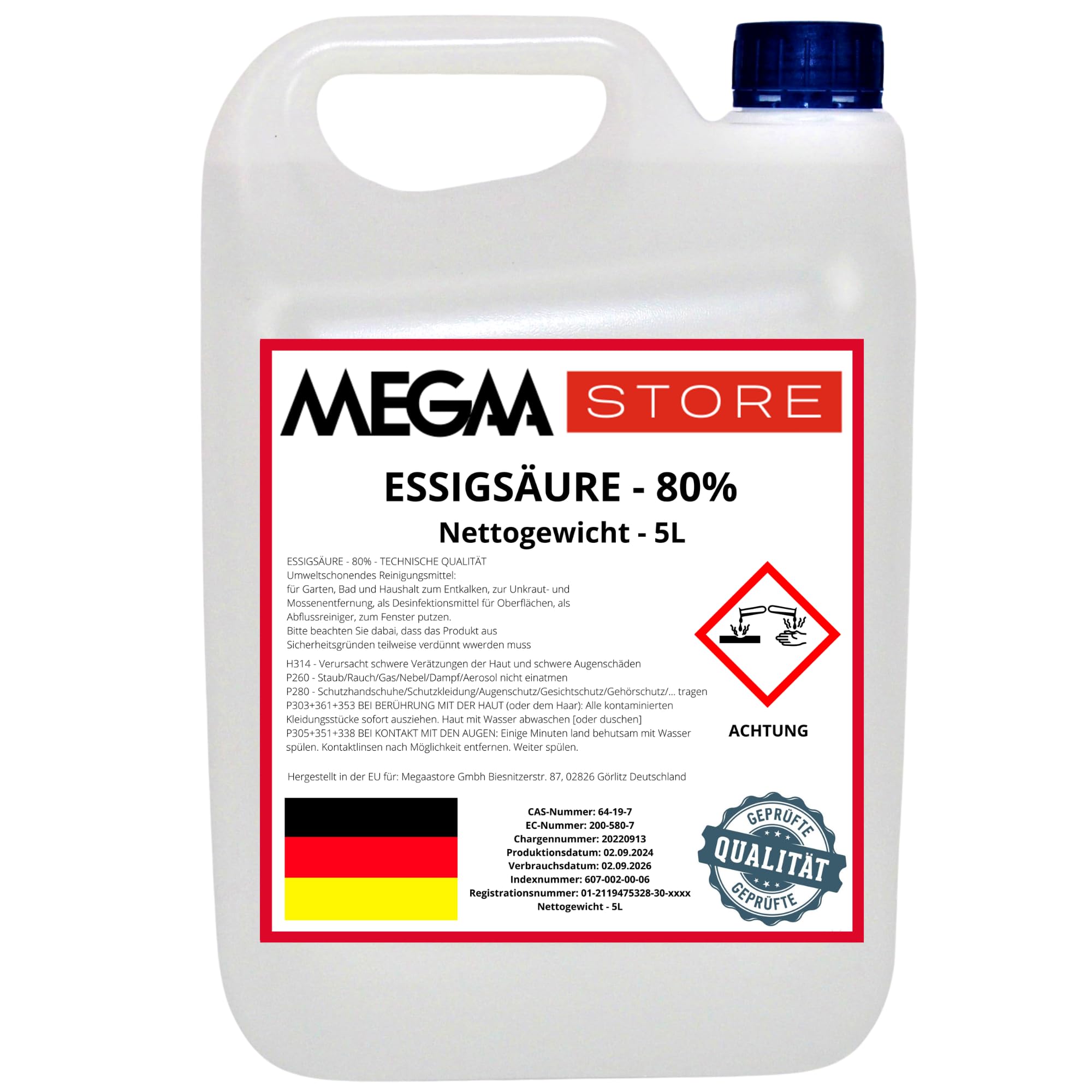 Megaastore Essigsäure 80% (E260) (UN2790) | Ideal als Reiniger und Entkalker für Haus und Terrase | 5 Liter