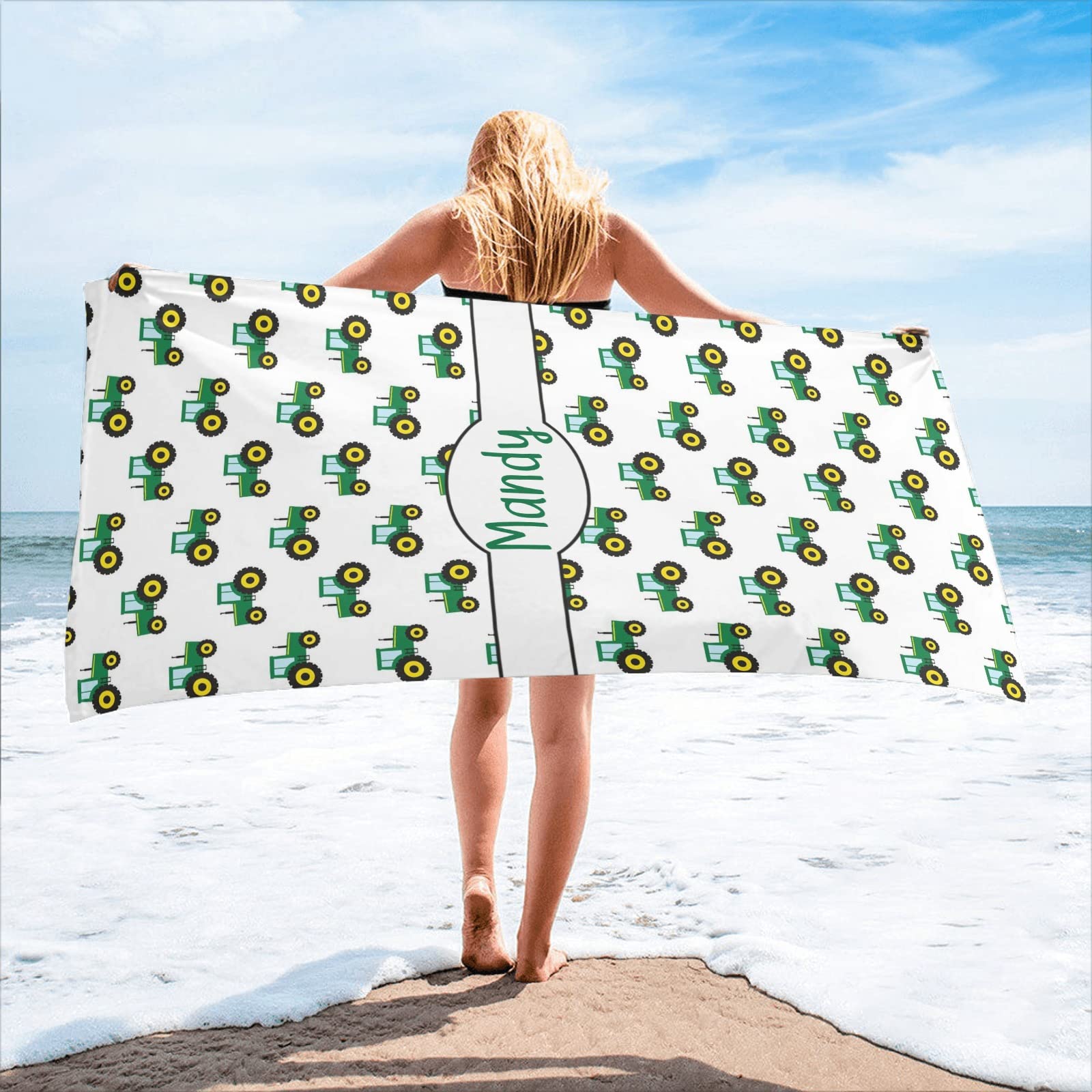 CUXWEOT Personalized Farm Tractors Beach Towel with Name Custom Large Oversized Towels 2 Sides Printed for Sport Baseball 30 X 60 inch