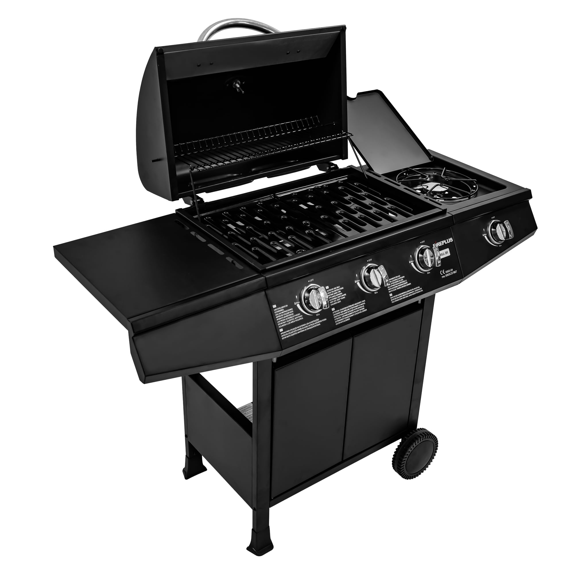 Amig - Barbacoa de gas Fireplus 3+1 de 8,4 kW - Acero inoxidable Negro - Parrilla con ruedas Modelo GRILL-3F - Barbacoa XXL con carro y termómetro - 117x52x103 cm - 4 quemadores y Bandeja lateral