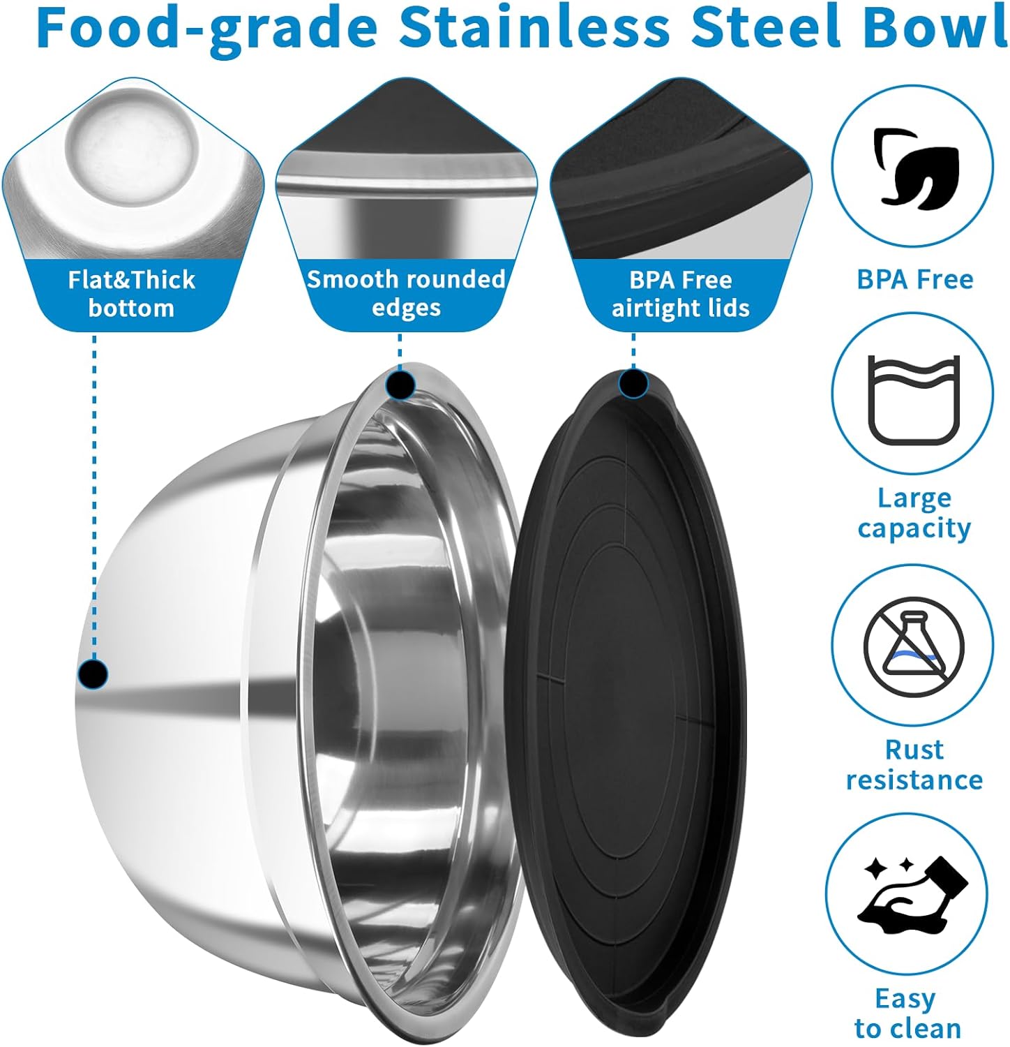 Stainless Steel Mixing Bowls with Lids Set, 7 Pcs Nesting Design Metal Mixing Bowls Salad Bowl for Kitchen Cooking, Baking, Prepping and Serving Food (Size 0.7, 1.1, 1.5, 2.1, 3.5, 4, 4.5QT)