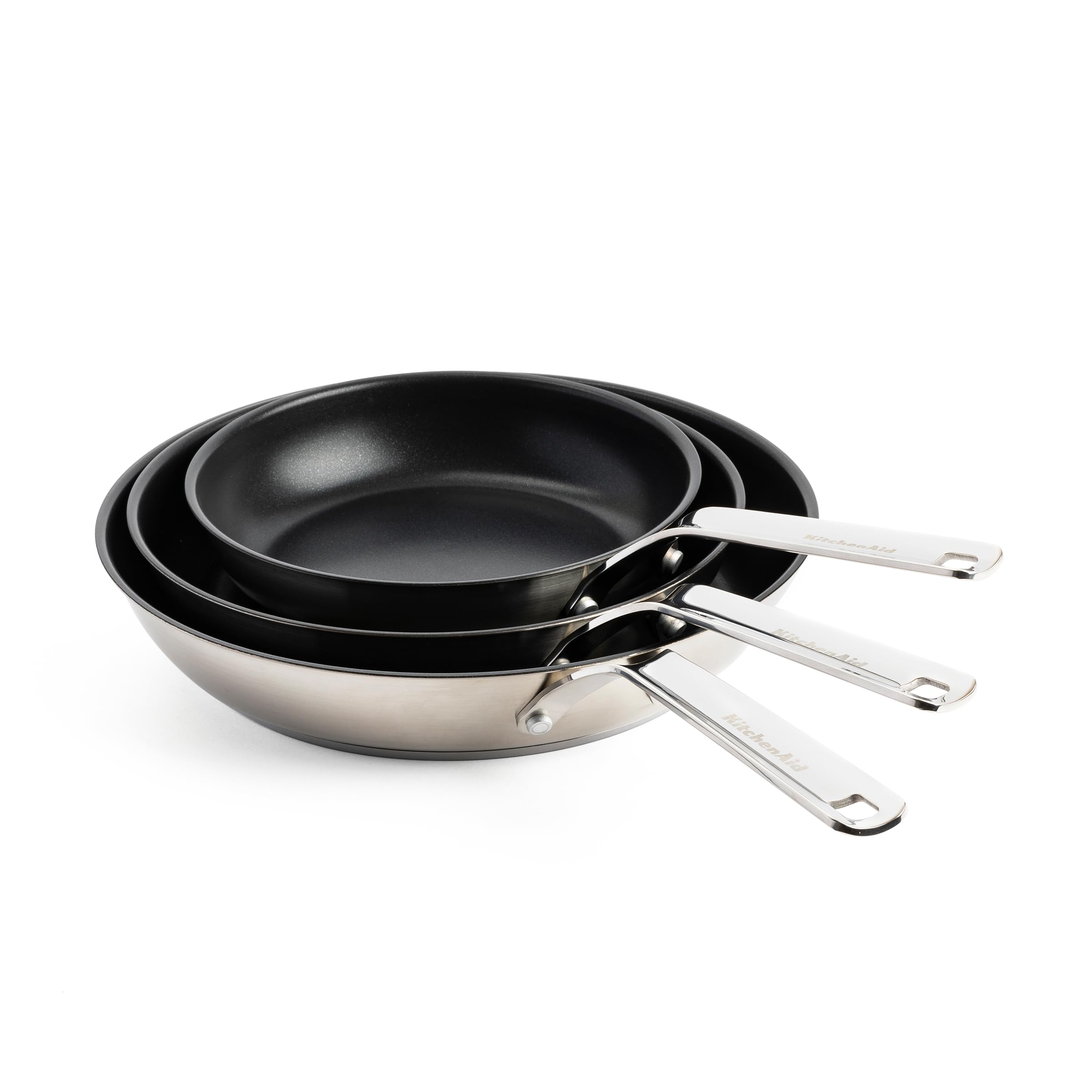 KitchenAidStainless Steel PFAS-Free Ceramic Non-Stick 3-Piece Frying Pan Skillet Set 20 cm, 24 cm and 28 cm, Induction, Oven Safe, Silver
