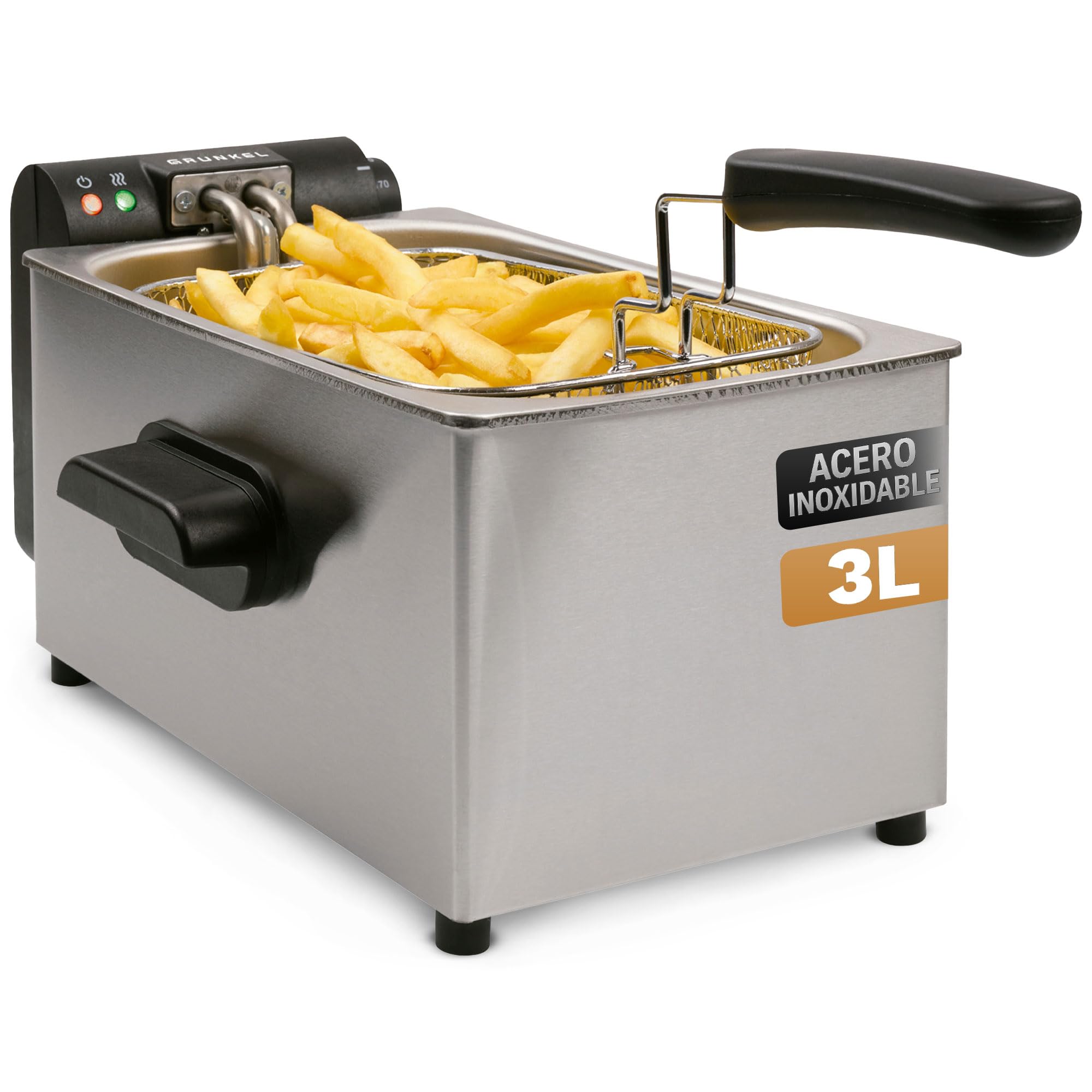 Grunkel Freidora de aceite FRYPRO-3SS con 2000W y cubeta en acero inoxidable con tecnología de zona fría, 3 litros de capacidad y con control de temperatura hasta 190°C