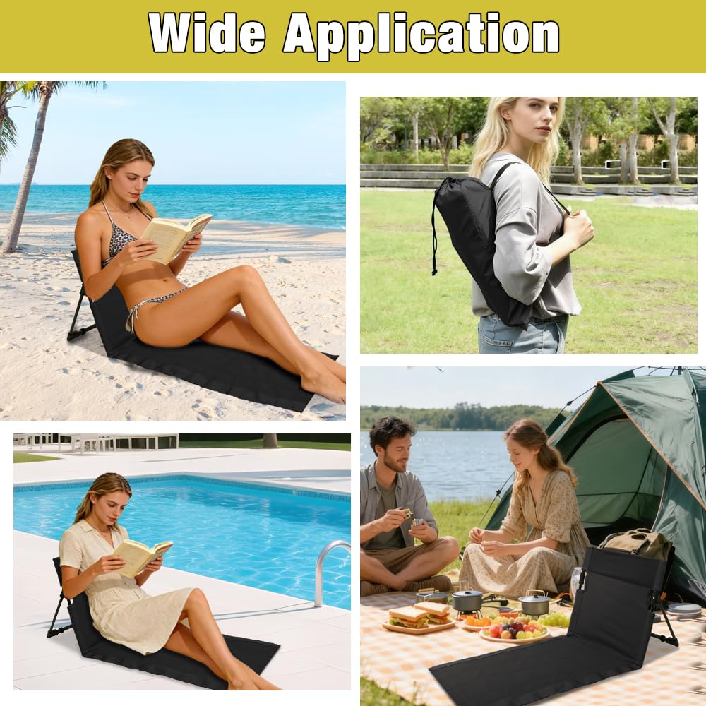 Esterilla de Playa Plegable, Sterilla de Playa con Respaldo, Portátil Sillón de Playa con Respaldo con Funda de Transporte, para Camping, Actividades al Aire Libre, Playa y Viajes (Negro)
