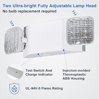 LED Emergency Light with Battery Backup, Two Square Head Adjustable Emergency Exit Lights for Home Power Failure, High Light Output for Hallways, Stairways, Fire Resistant 120-277V (UL 94V-0) (1-pack)