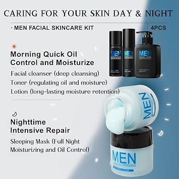 4PCS Mens Skincare Set, Post Shave Relief & Pore Refining Gift Set for Him