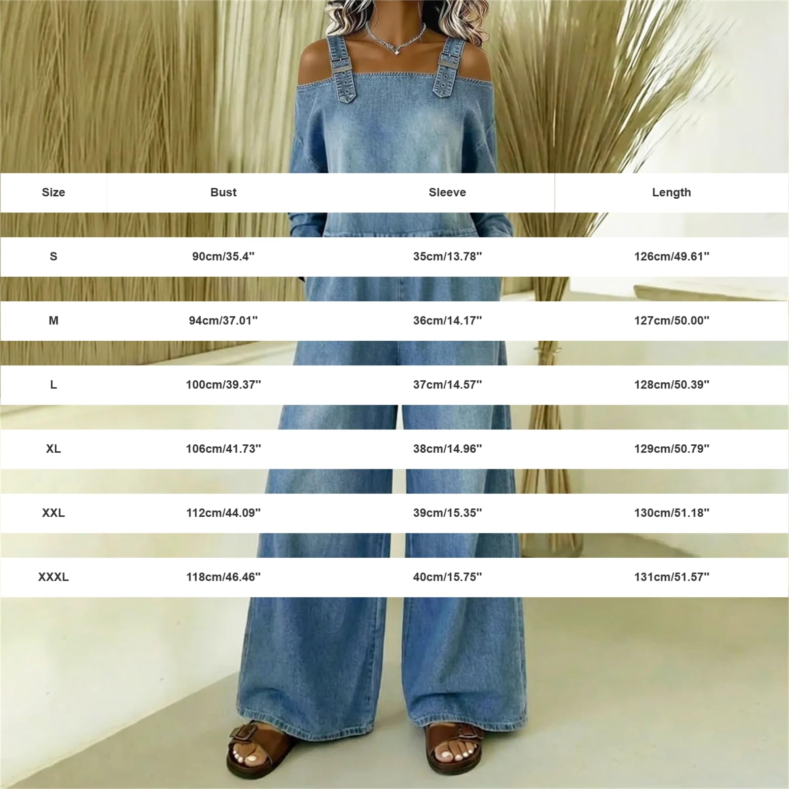 Generisch Salopette da donna in jeans lunga, stile vintage, a maniche lunghe, con bretelle