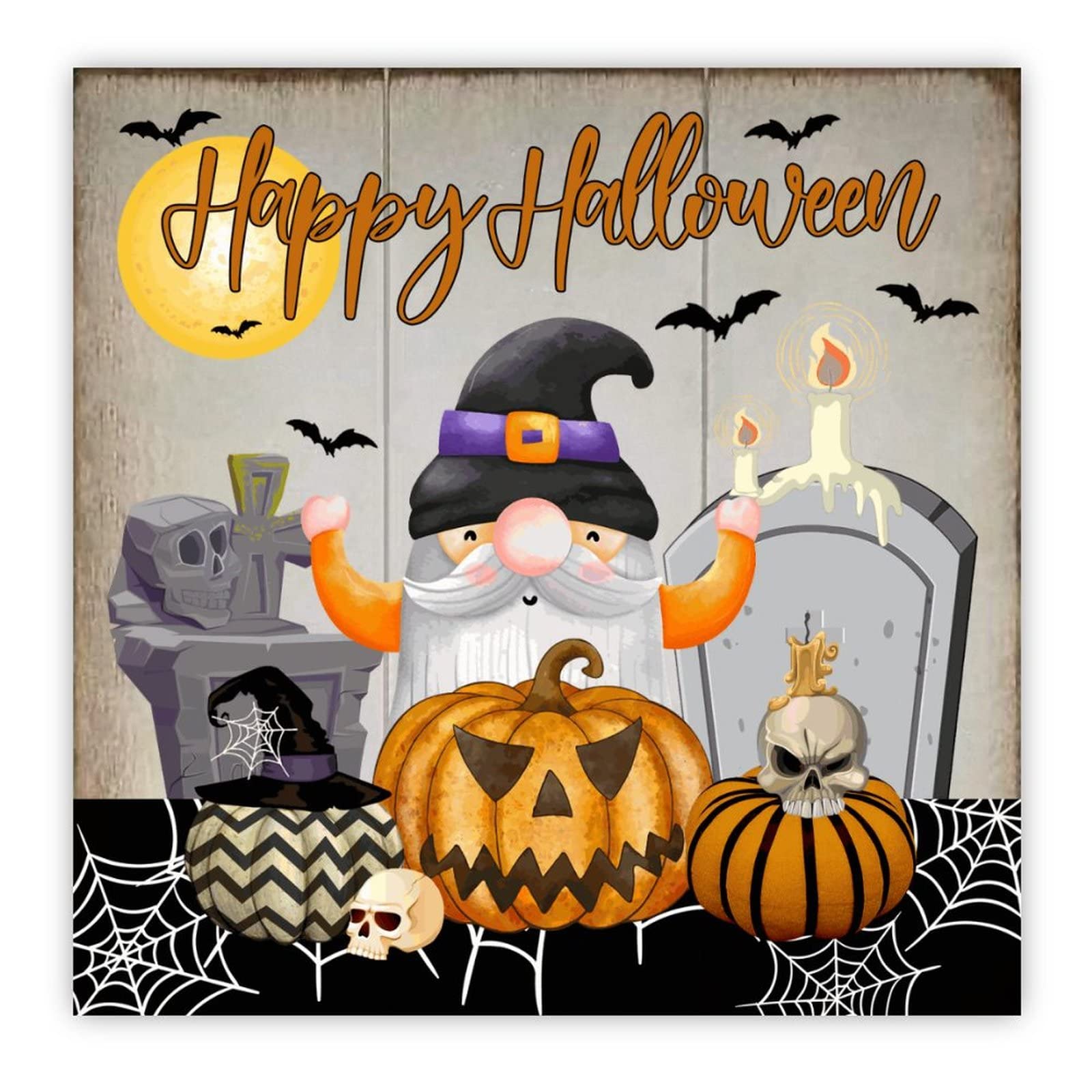 Panneau en bois Happy Halloween avec citrouille et chauve-souris