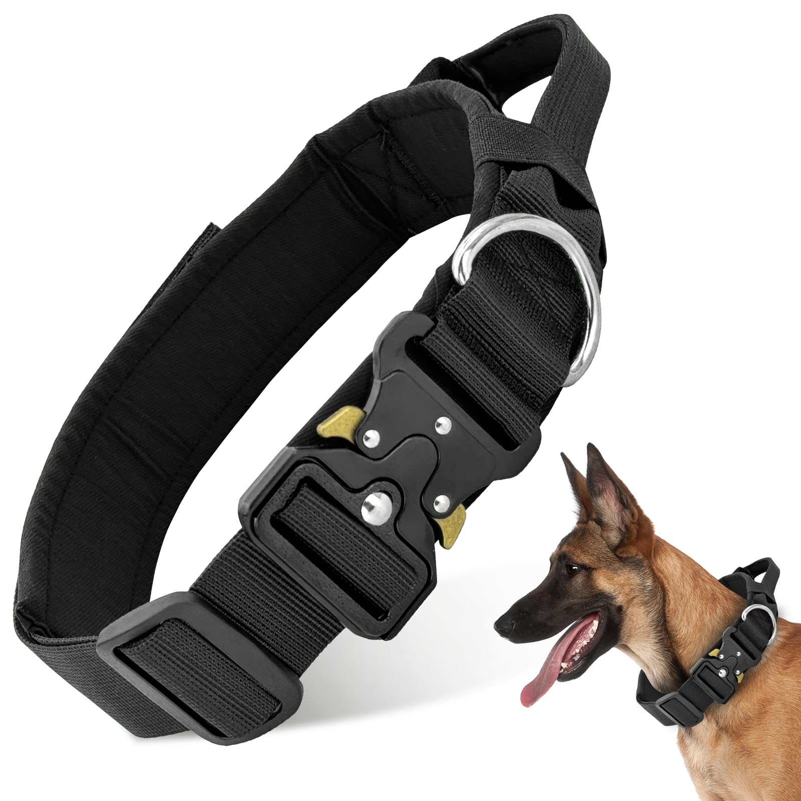 Collar Táctico para Perros, Collar Perro Ajustable con Mango de Control, Antidesgaste Collares con Hebilla de Metal, para Perros Medianos Grandes Caza Al Aire Libre Entrenamiento (Negro, M)