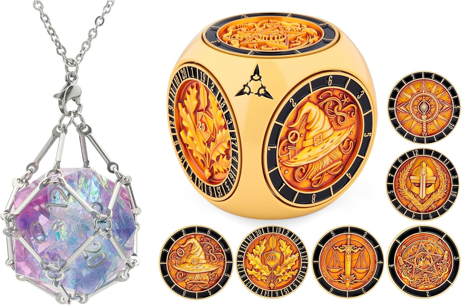 PJOY DND Necklace with Metal DND 7 in 1 Spinner Dice Bundle Gifts for Gamers Dungeons and Dragons