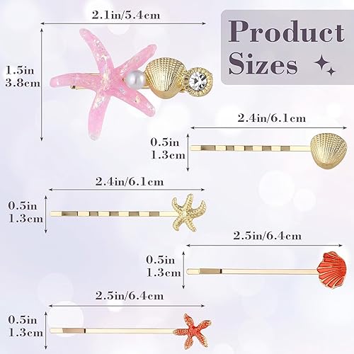 Miniatura 2 de Paquete de 10 pinzas para el pelo de sirena con estrellas de mar, perlas de concha de cristal, alfileres de estrella de mar brillante, soporte para