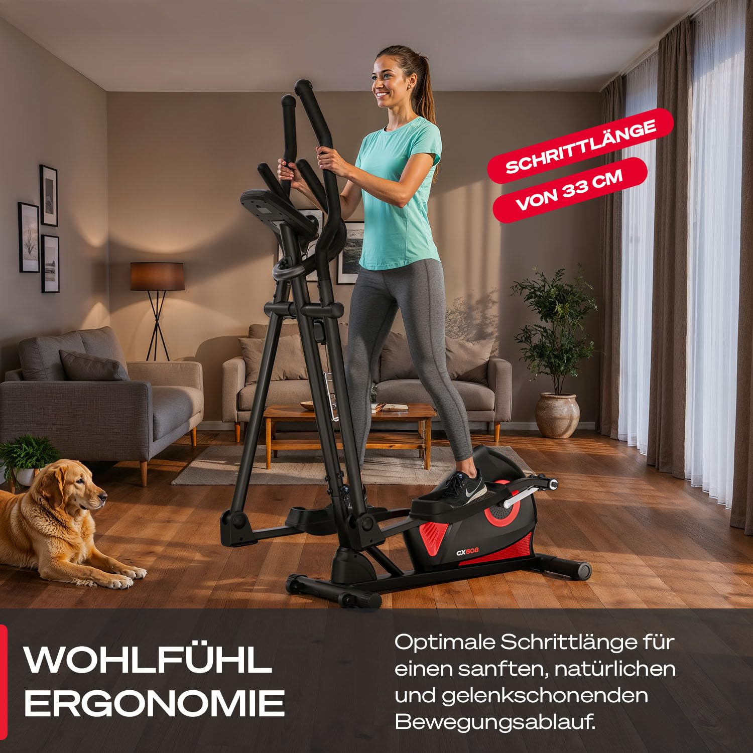 Sportstech CX608 Crosstrainer für Zuhause, leiser Ellipsentrainer mit 8 Widerstandsstufen, 10 kg Schwungrad, LCD Display, Pulssensor bis 120 kg, Fitnessgeräte für Zuhause
